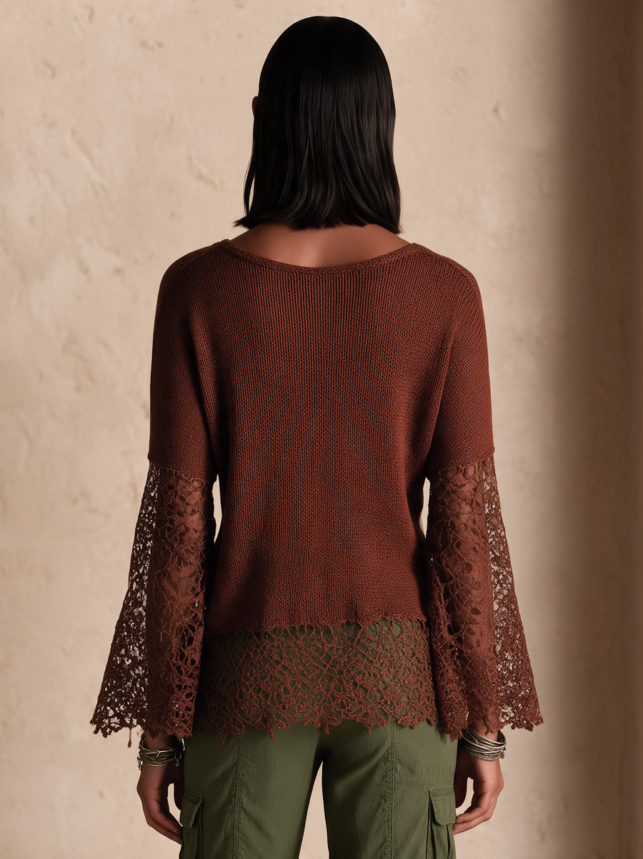 Women's Lace Panel Bohemian Bell Sleeve Sweater