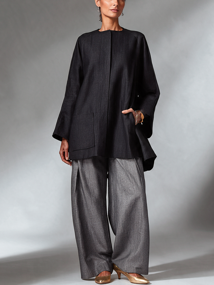 Women's Collarless Top & Linen-blend Wide Leg Pants Set