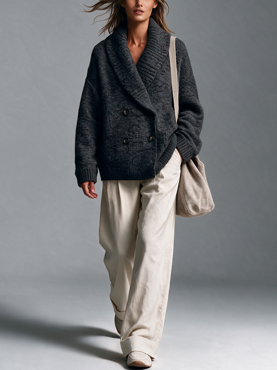Women's Shawl Collar Double‑Breasted Knit Cardigan & Wide‑Leg Trousers Set