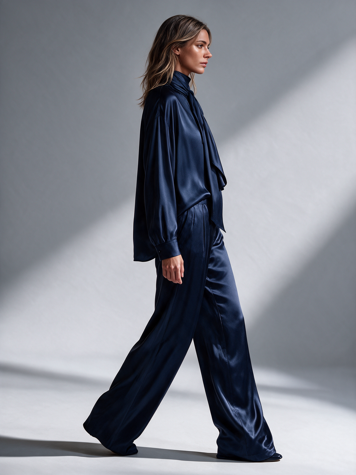 Women's Satin Ribbon Blouse & Matching Wide Leg Pants Set