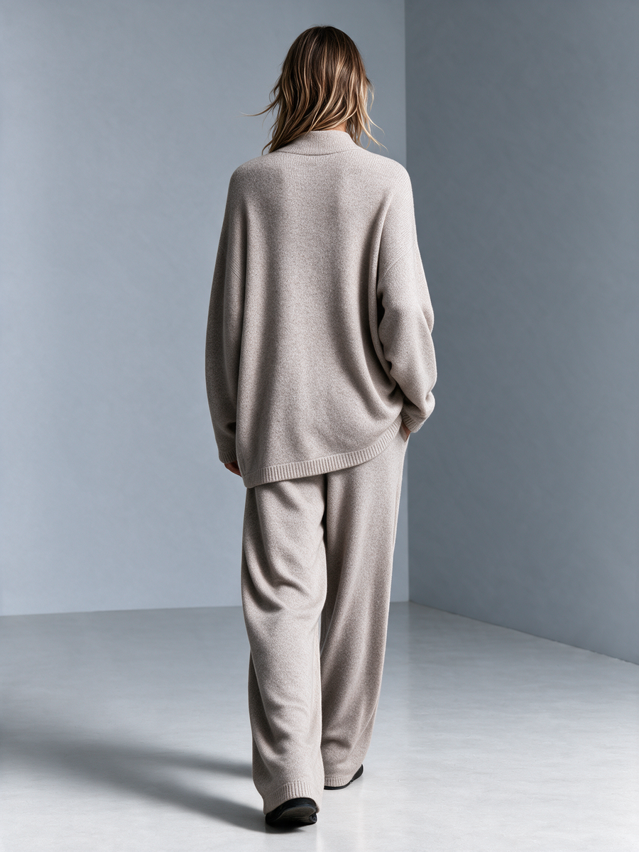 Women's Stand Collar Asymmetric Button Knit Top & Knit Wide‑Leg Pants Set