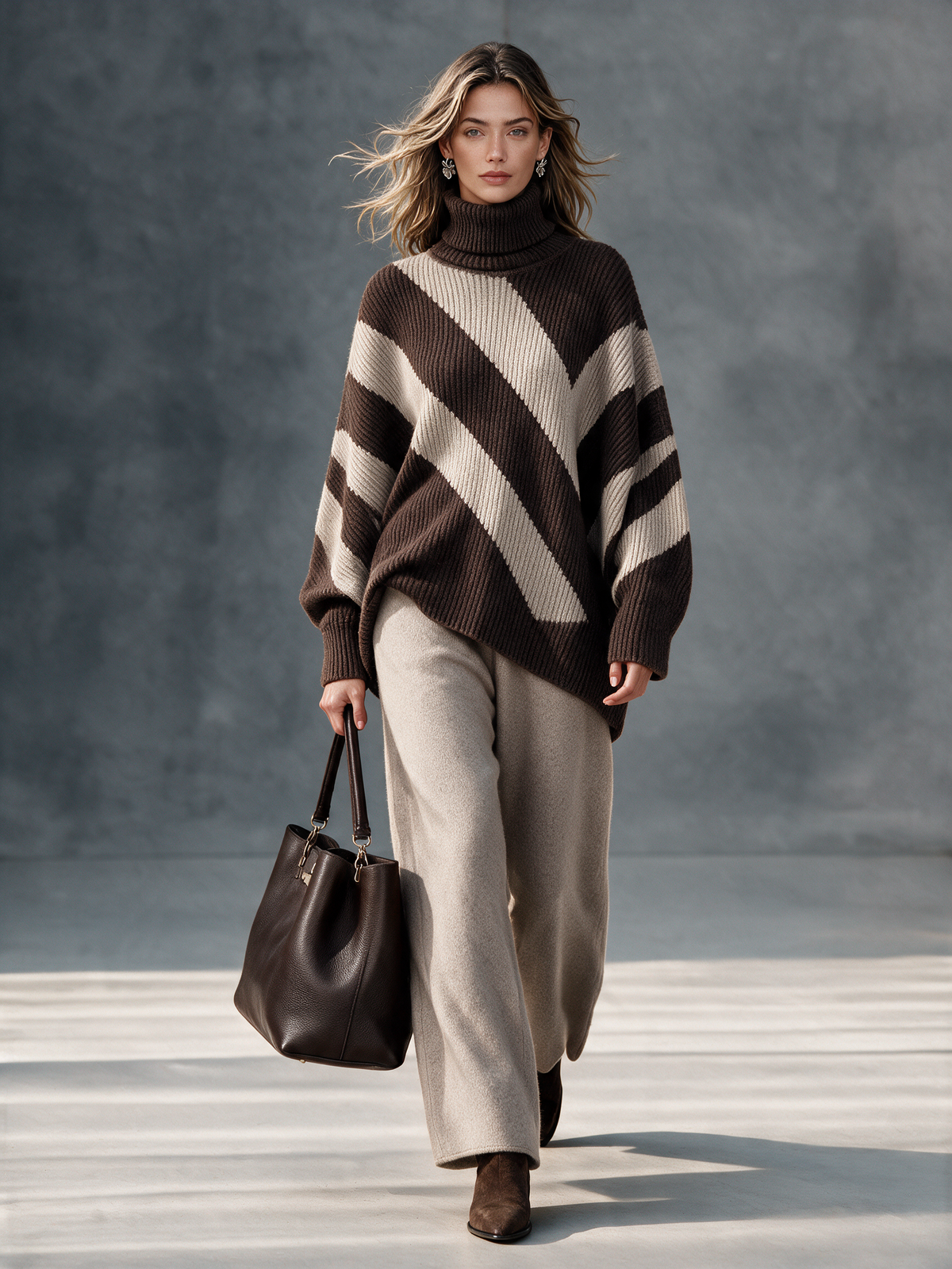 Women's Turtleneck Color‑Block Diagonal‑Stripe Knit Sweater & Knit Wide‑Leg Pants Set