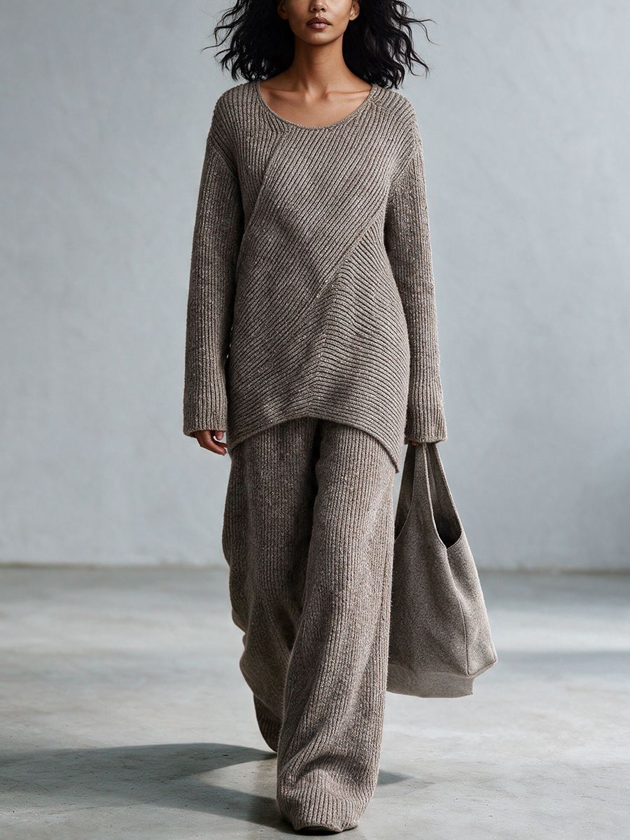 Women's U-Neck Diagonal Texture Knit Top & Knit Wide Leg Pants Set