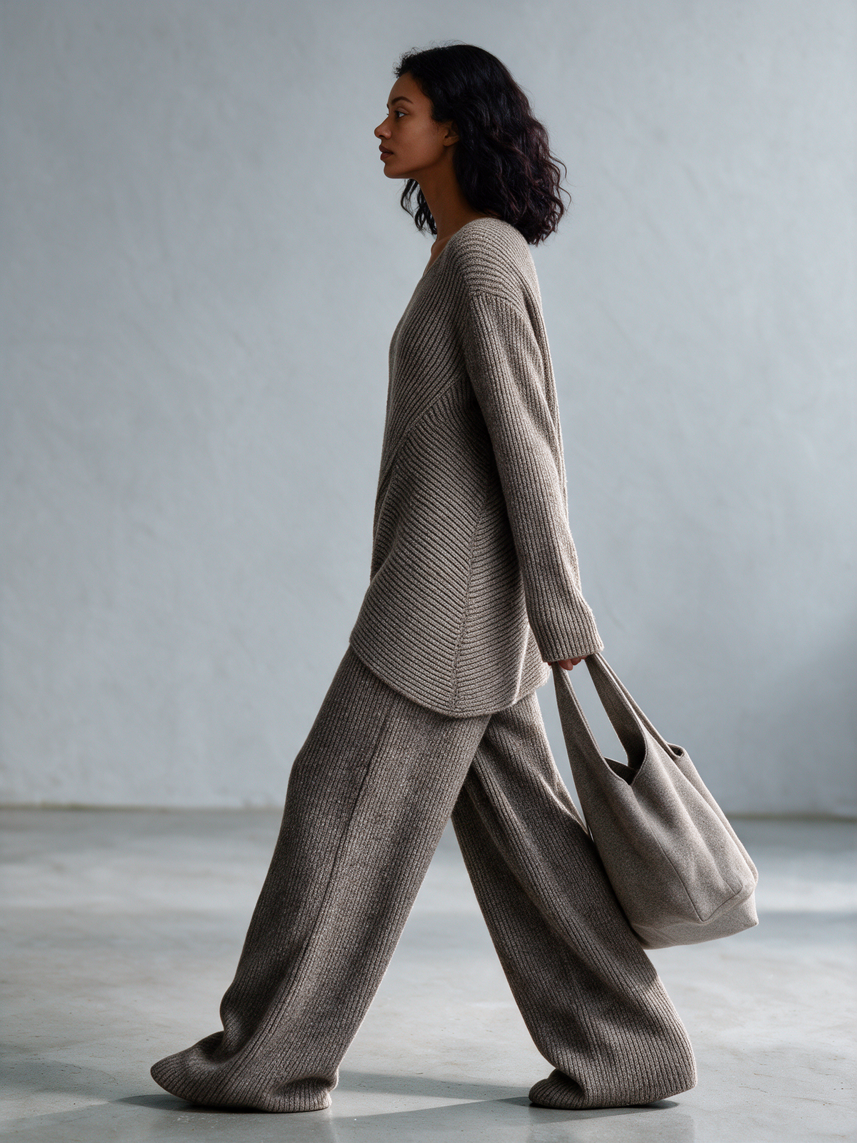 Women's U-Neck Diagonal Texture Knit Top & Knit Wide Leg Pants Set