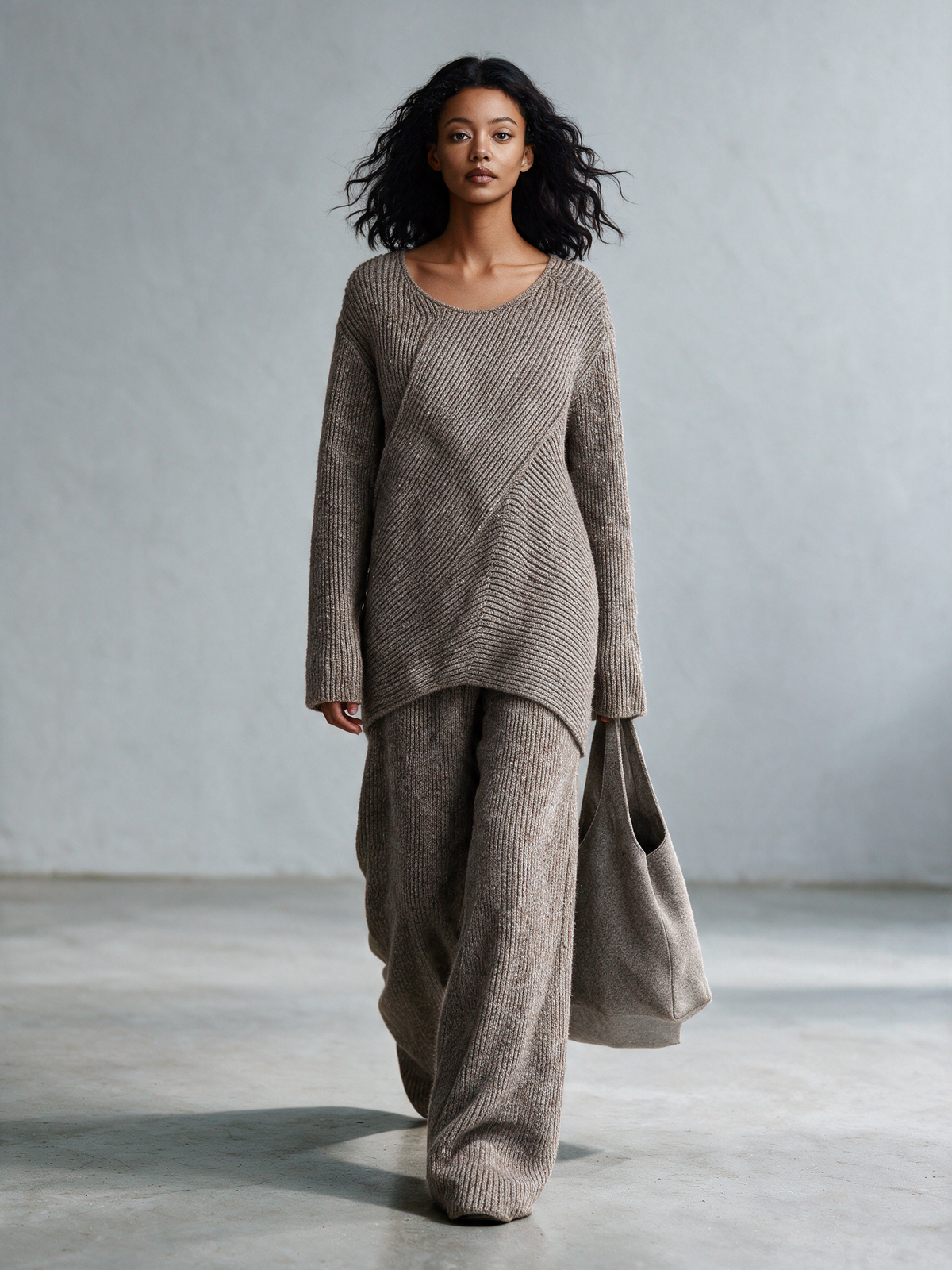 Women's U-Neck Diagonal Texture Knit Top & Knit Wide Leg Pants Set