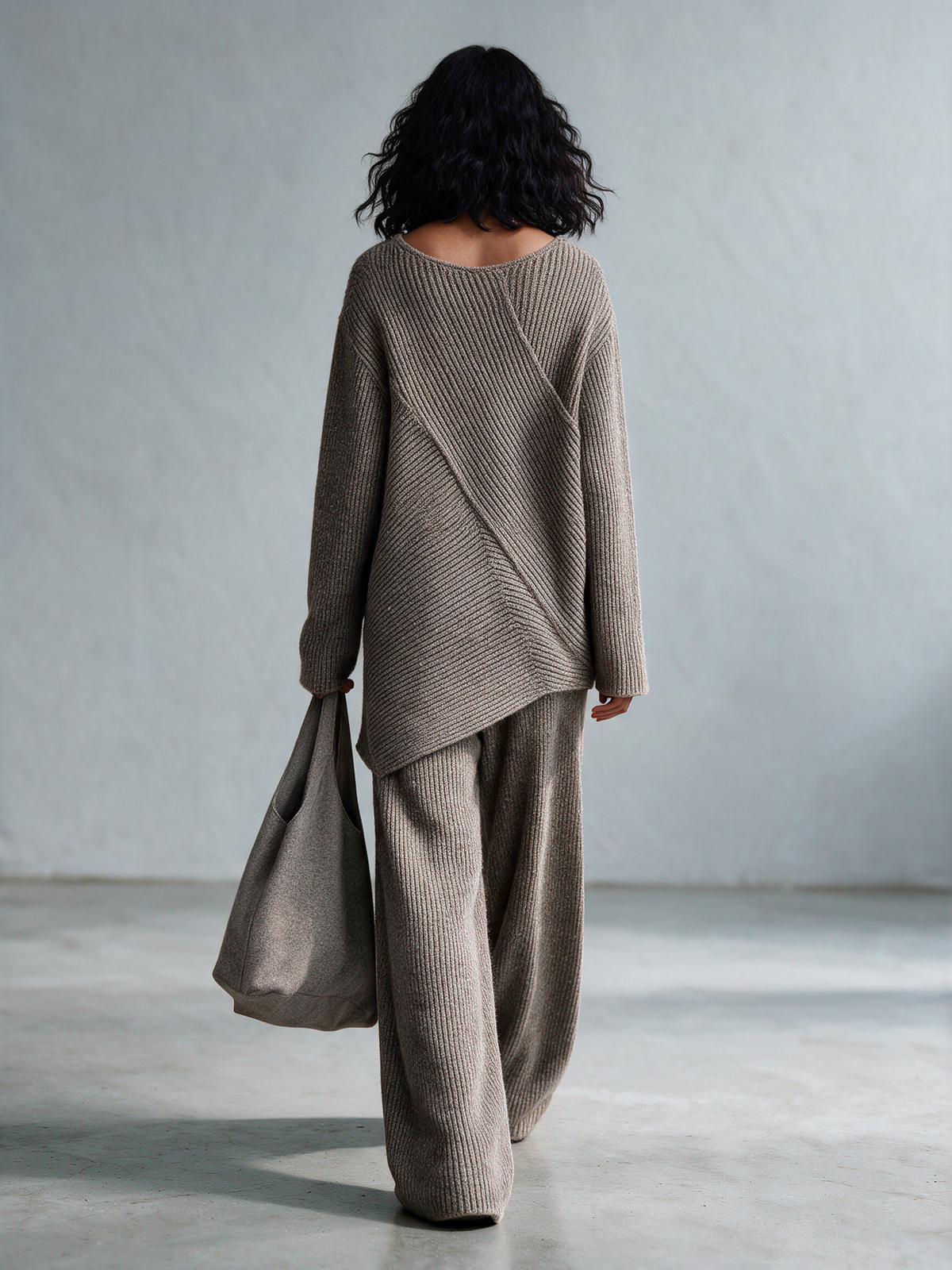 Women's U-Neck Diagonal Texture Knit Top & Knit Wide Leg Pants Set