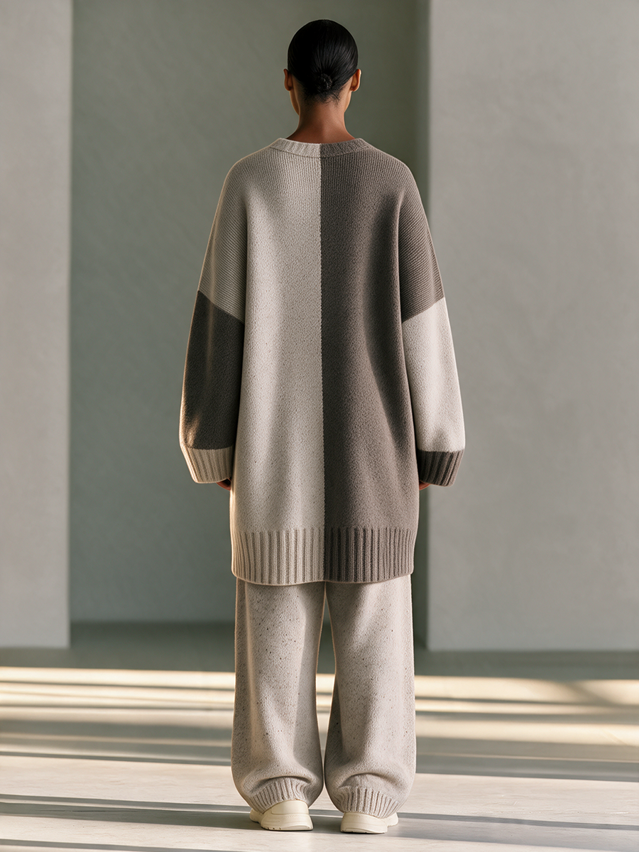 Women's Colorblock V-Neck Button Drop-Shoulder Longline Wool-Knit Cardigan