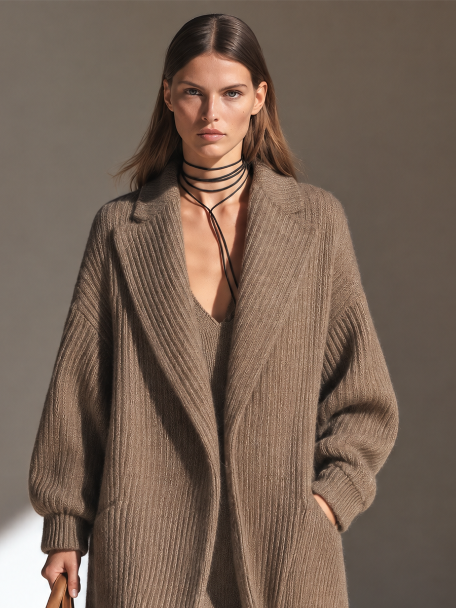 Women's Lapel Drop-Shoulder Blouson-Sleeve Chunky-Rib Open-Front Longline Wool-Knit Coat