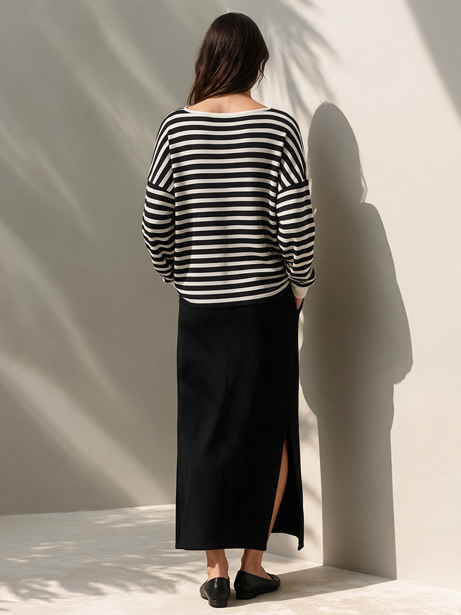 Women's Striped Knit Top & Slit Skirt Set