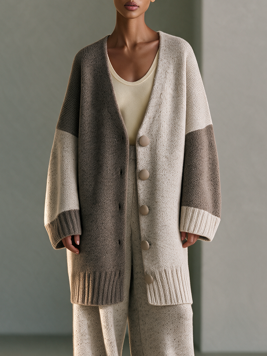 Women's Colorblock V-Neck Button Drop-Shoulder Longline Wool-Knit Cardigan