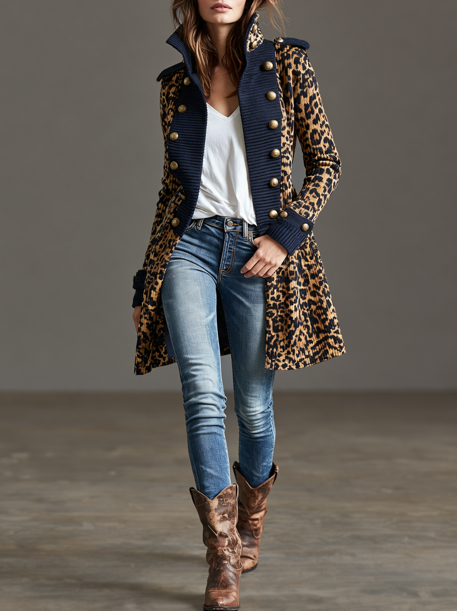 Women's Vintage Color-Block Leopard Print Napoleon-Style Cardigan
