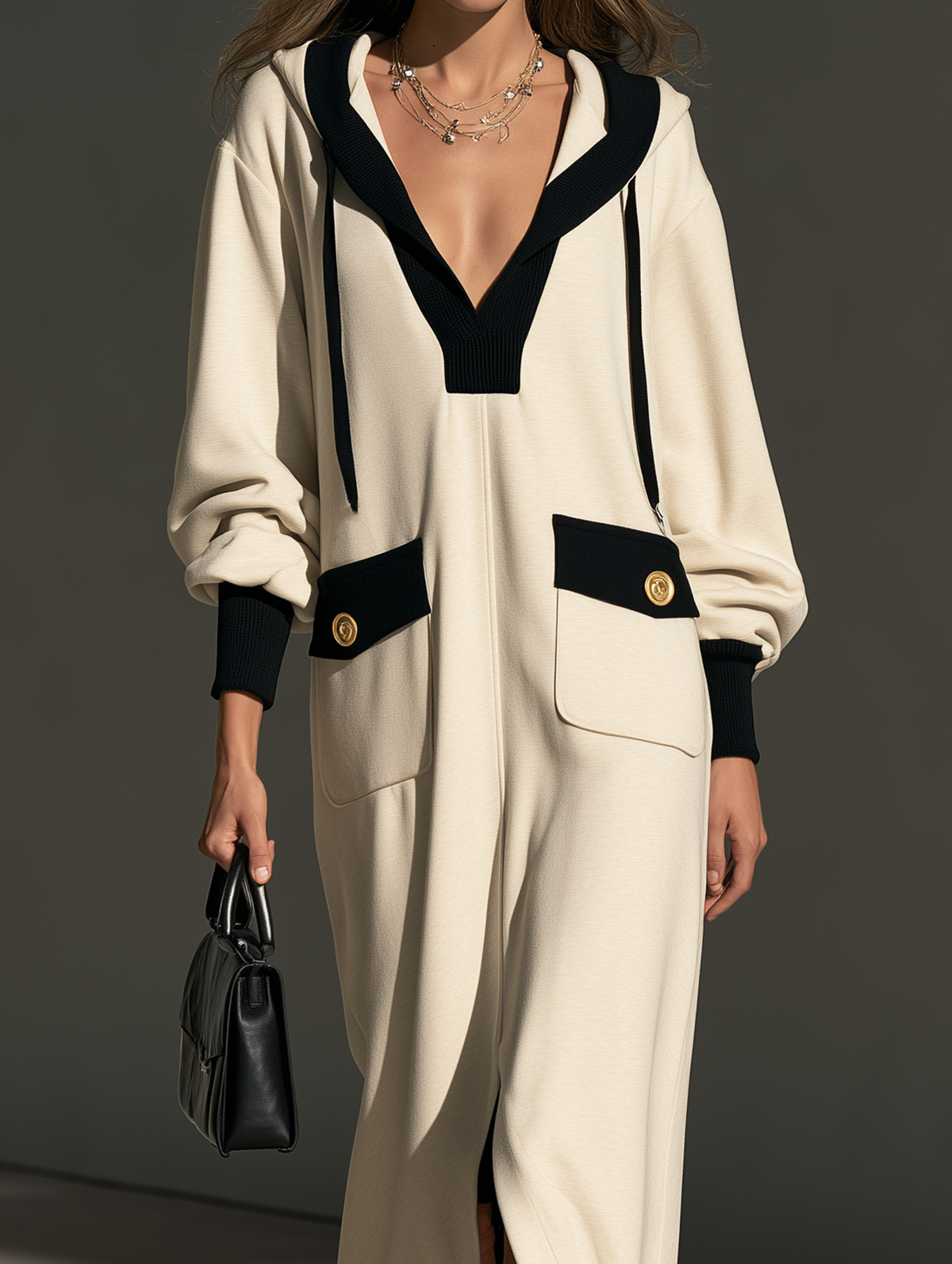 Women's Casual Long-Sleeve Maxi Dress In Beige And Black Sweatshirt Fabric