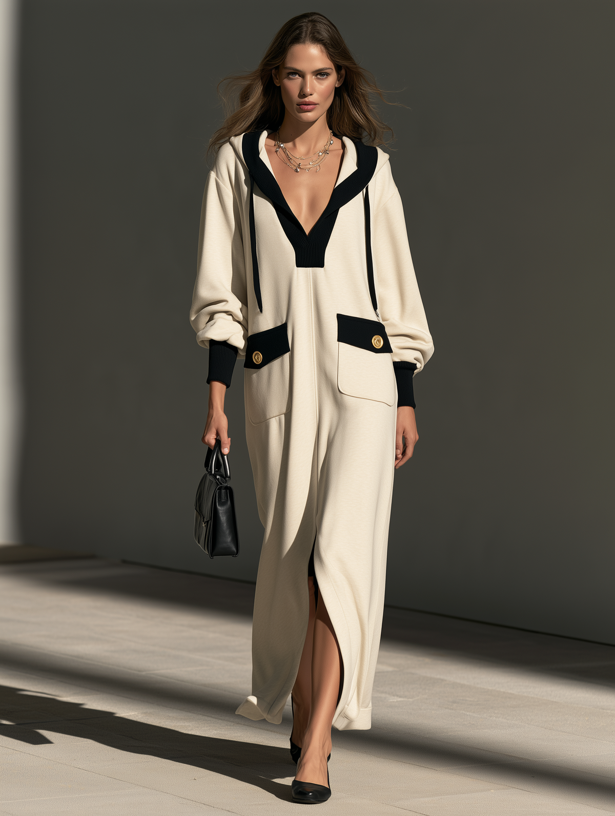 Women's Casual Long-Sleeve Maxi Dress In Beige And Black Sweatshirt Fabric