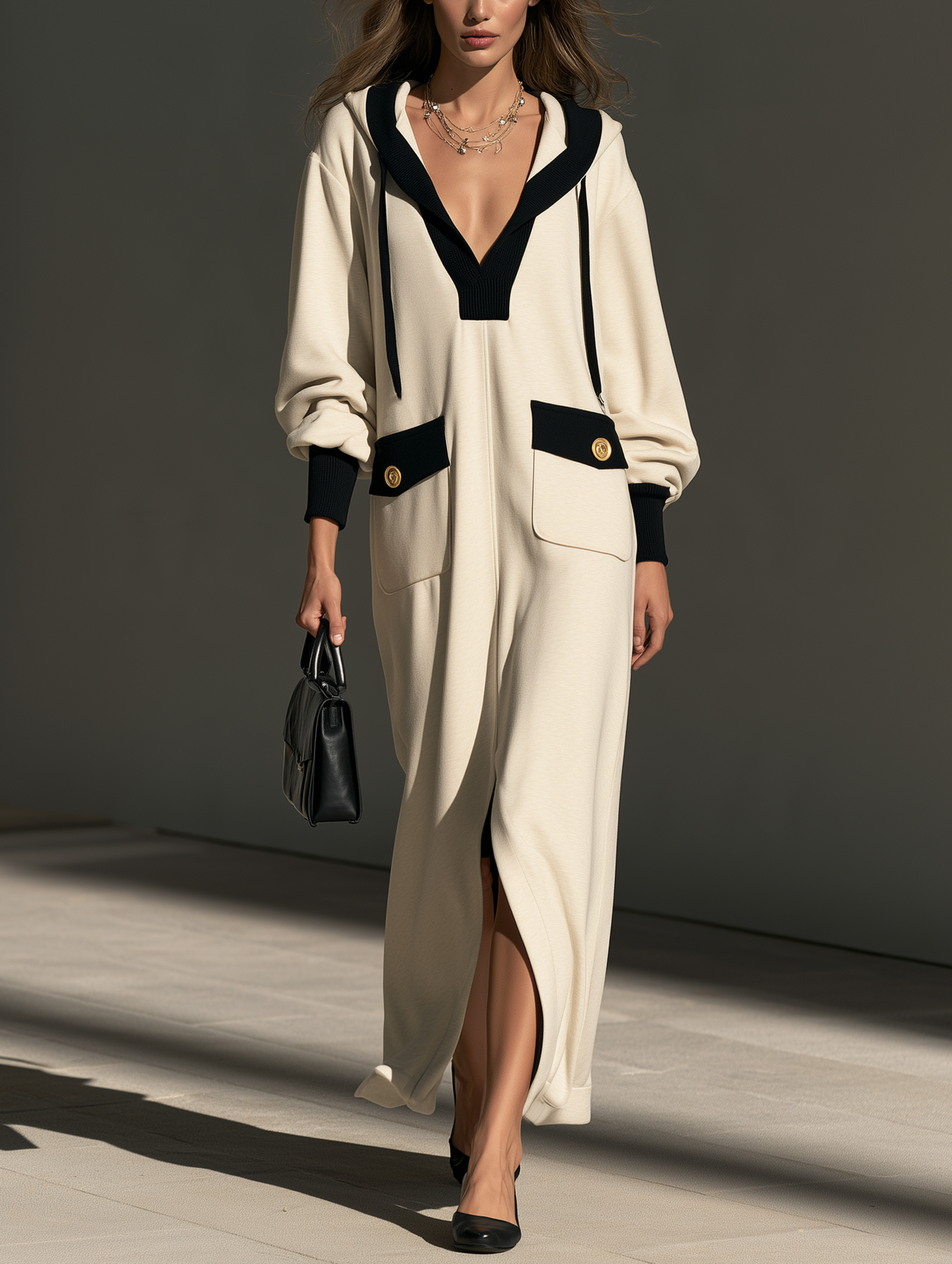 Women's Casual Long-Sleeve Maxi Dress In Beige And Black Sweatshirt Fabric
