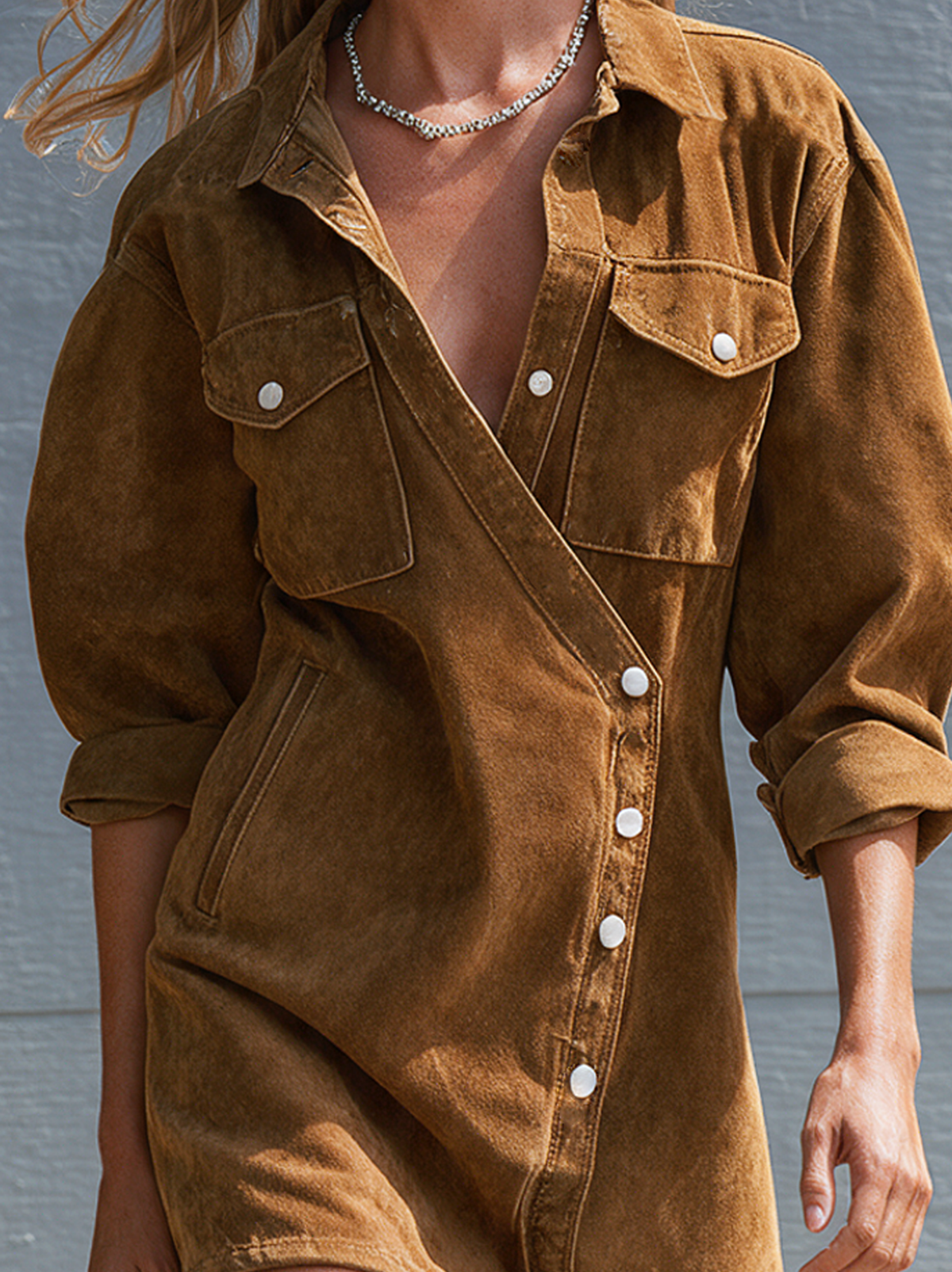 Women's Casual Brown Suede Long-sleeve Mini Dress