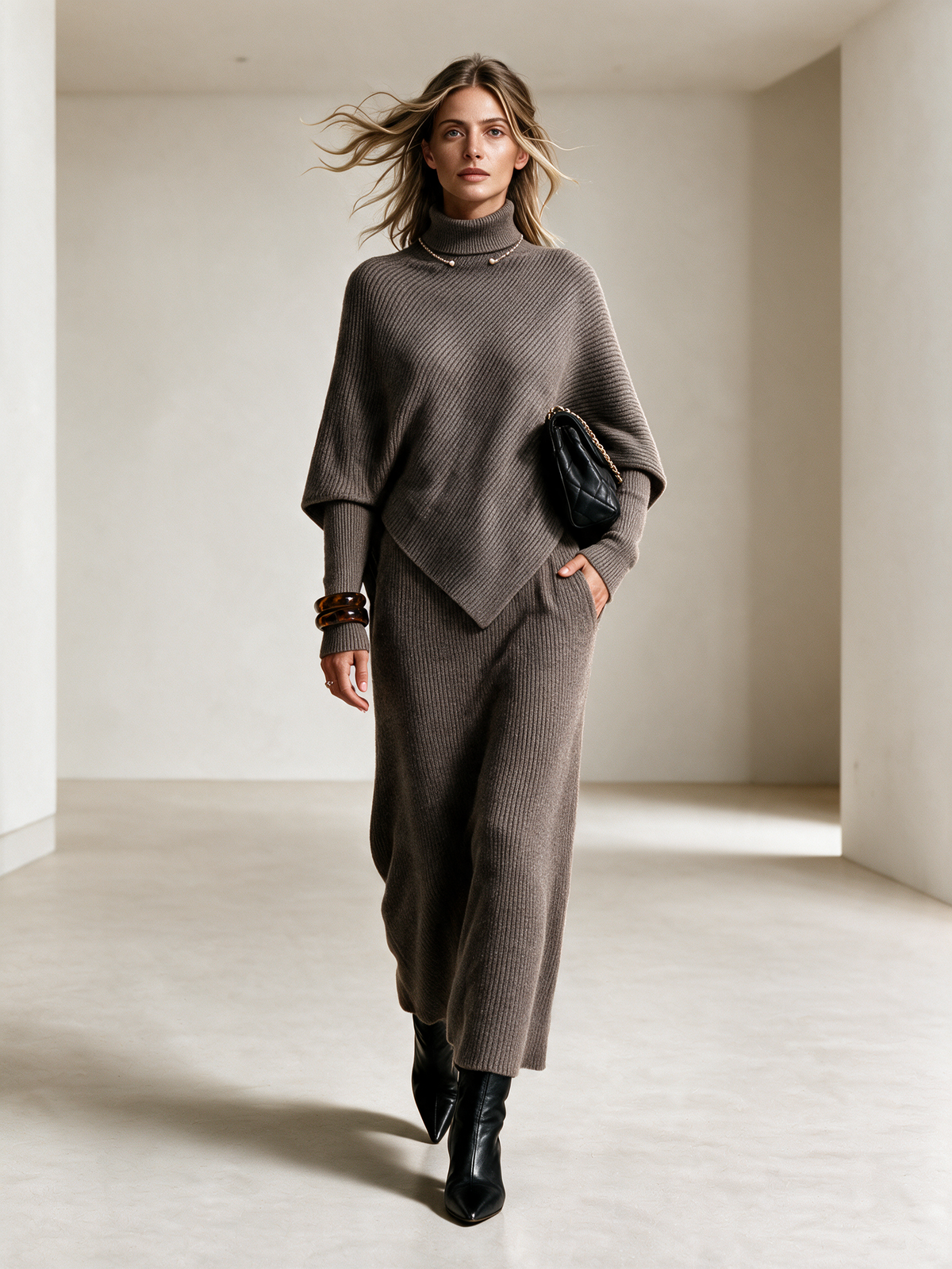 Women's Turtleneck Asymmetric Knit Top & Knit Midi Skirt Set