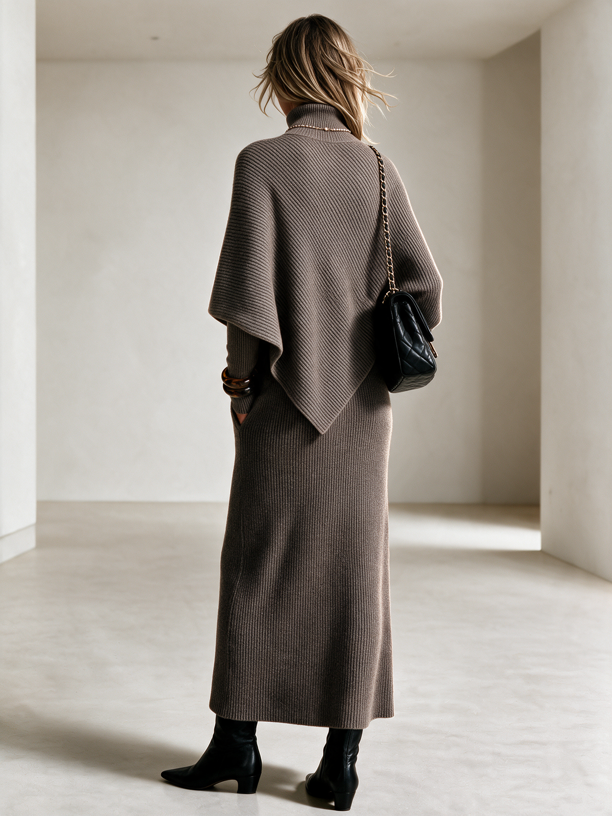 Women's Turtleneck Asymmetric Knit Top & Knit Midi Skirt Set
