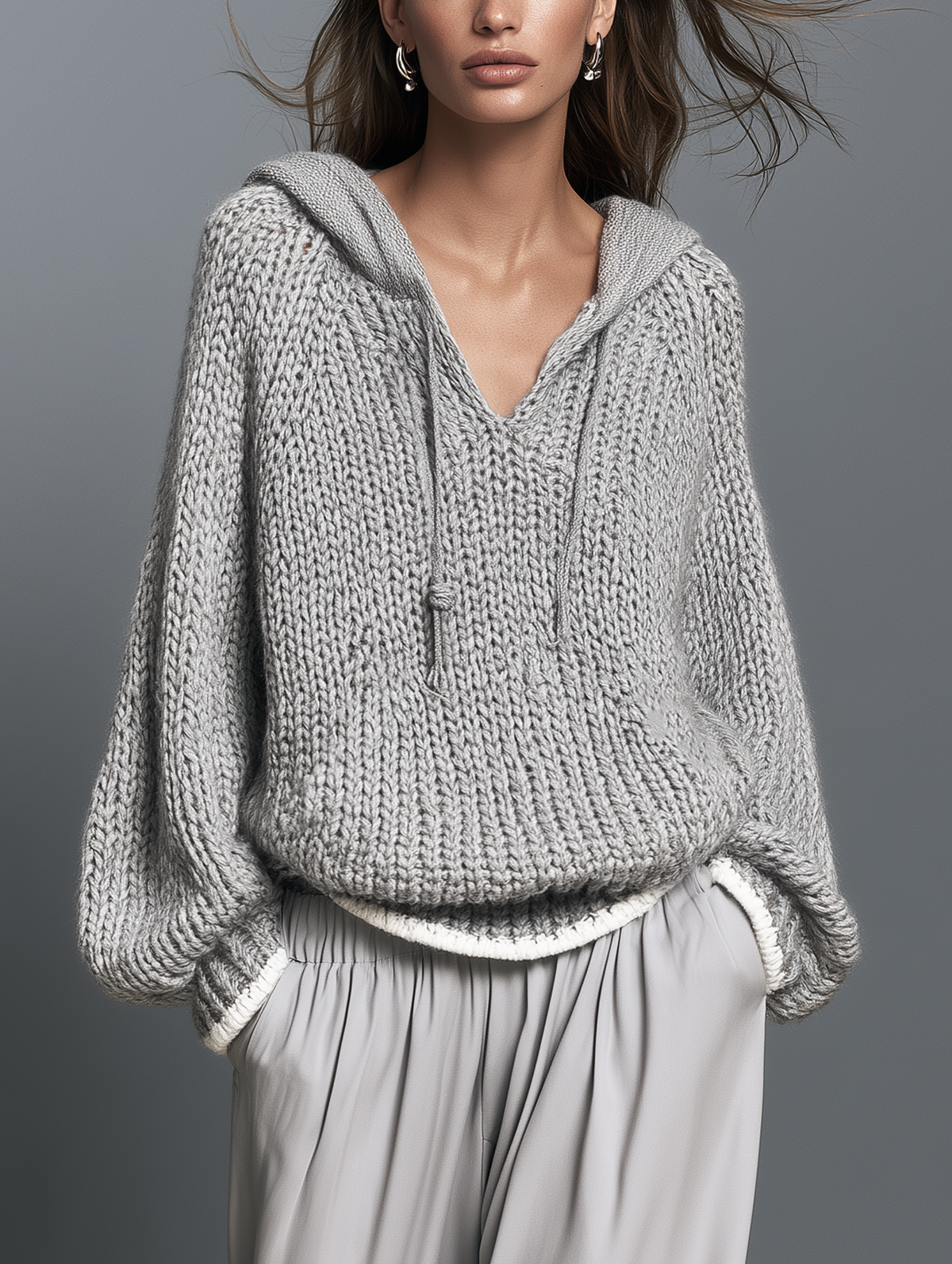 Women's Casual Grey Long-Sleeve Knitted Hoodie