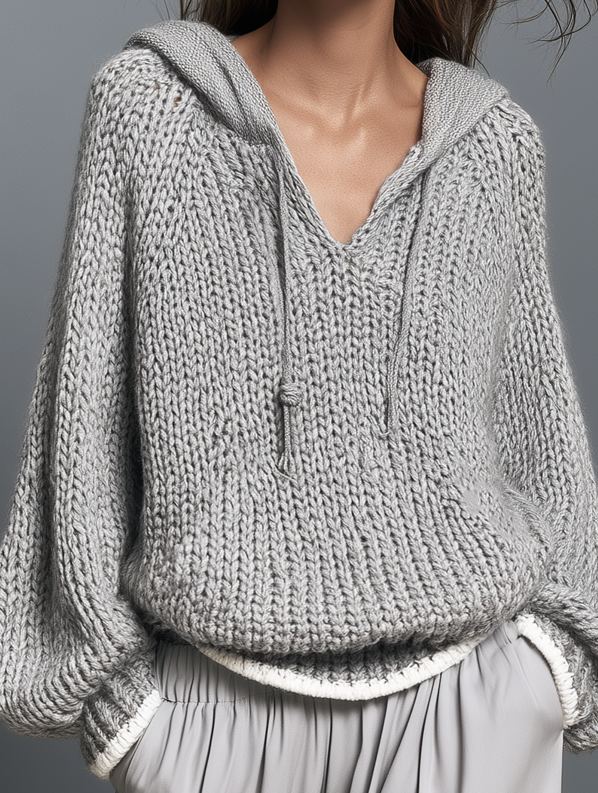 Women's Casual Grey Long-Sleeve Knitted Hoodie