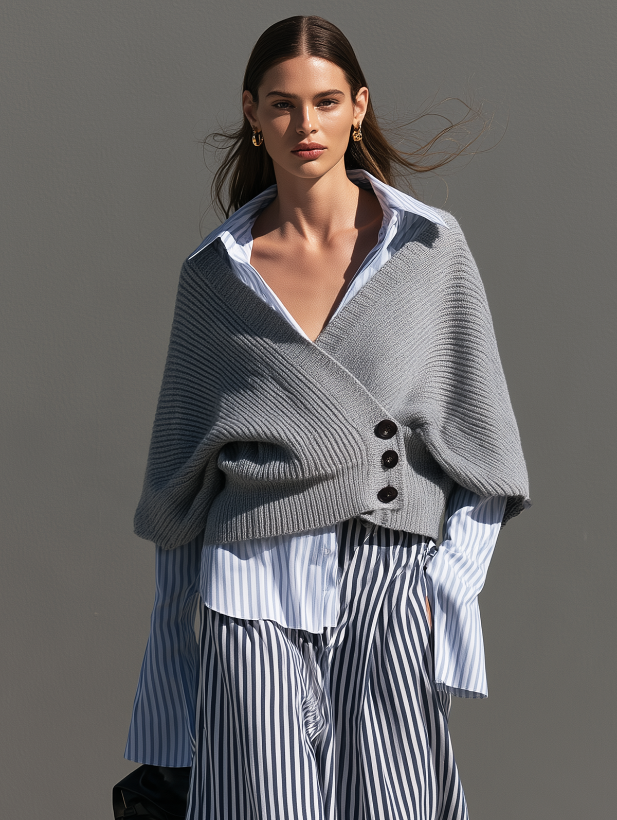 Women's Casual Grey Long-sleeve Knit Cardigan