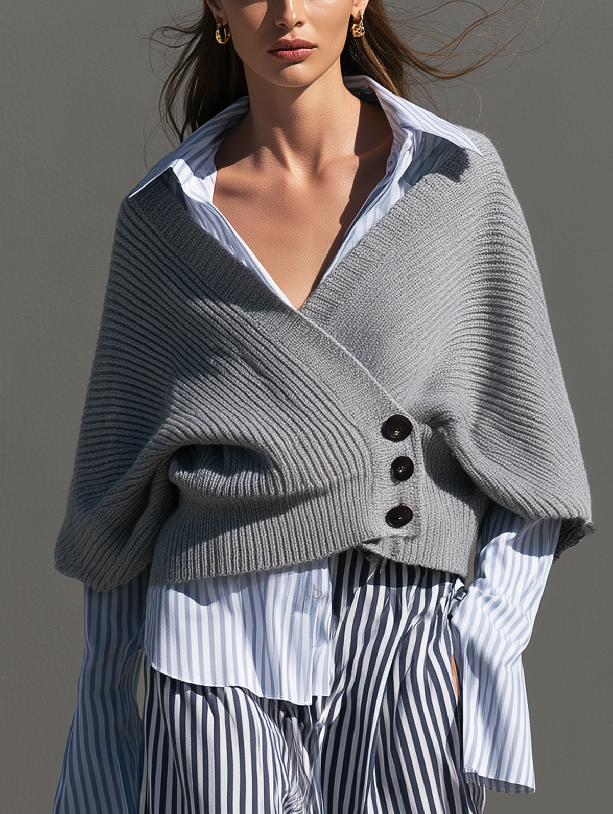 Women's Casual Grey Long-sleeve Knit Cardigan