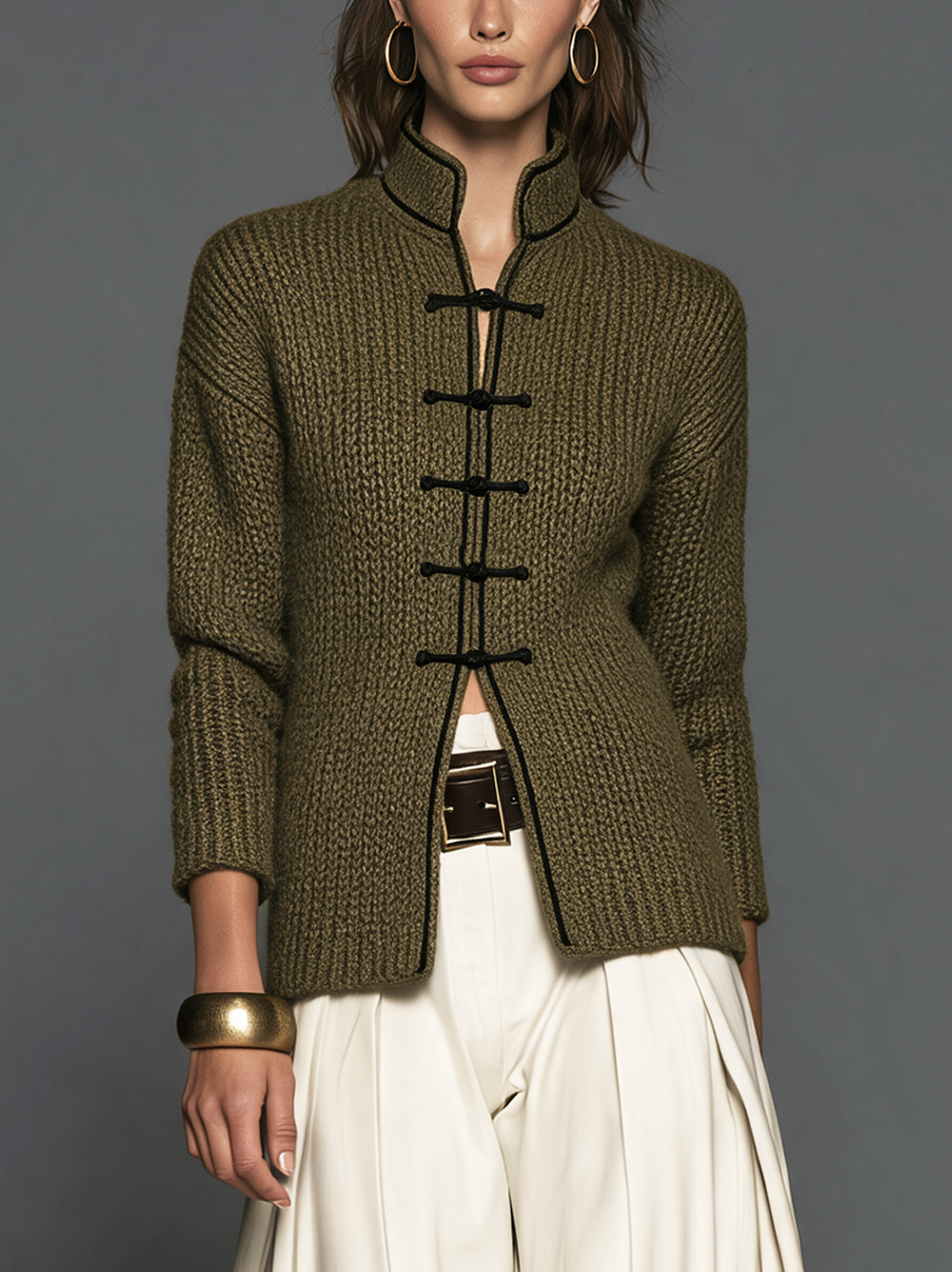 Women's Casual Olive Green Long-Sleeve Knit Cardigan