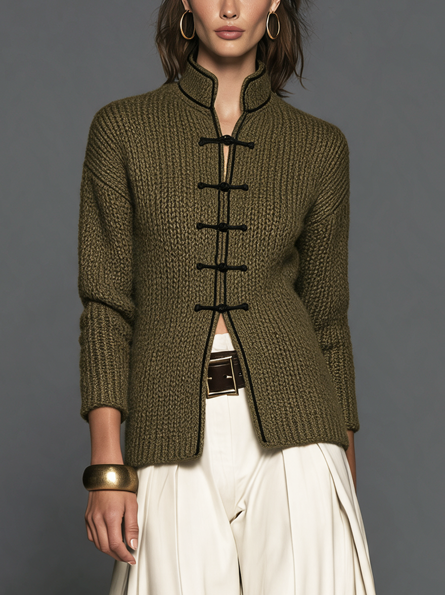 Women's Casual Olive Green Long-Sleeve Knit Cardigan