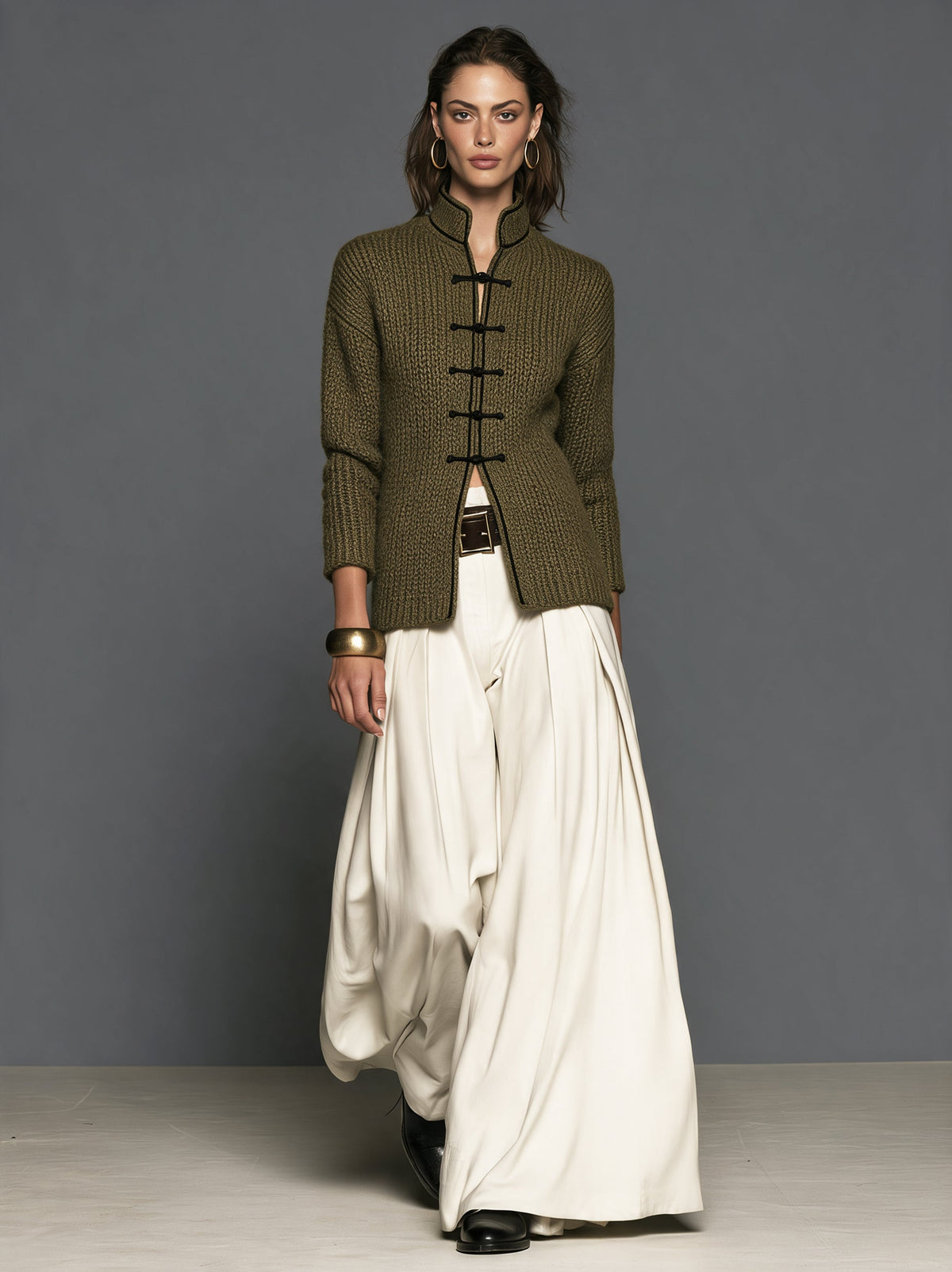 Women's Casual Off-White Woven Wide-Leg Trousers