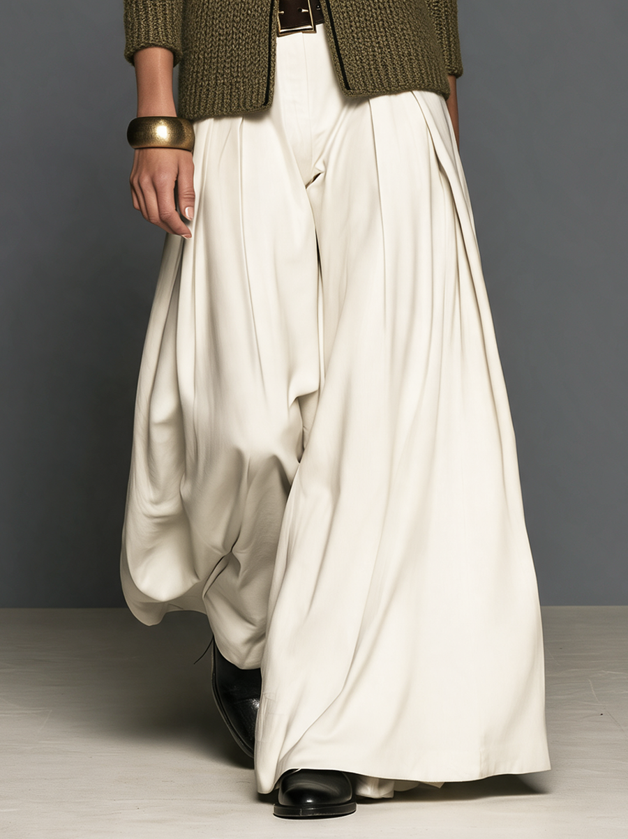 Women's Casual Off-White Woven Wide-Leg Trousers