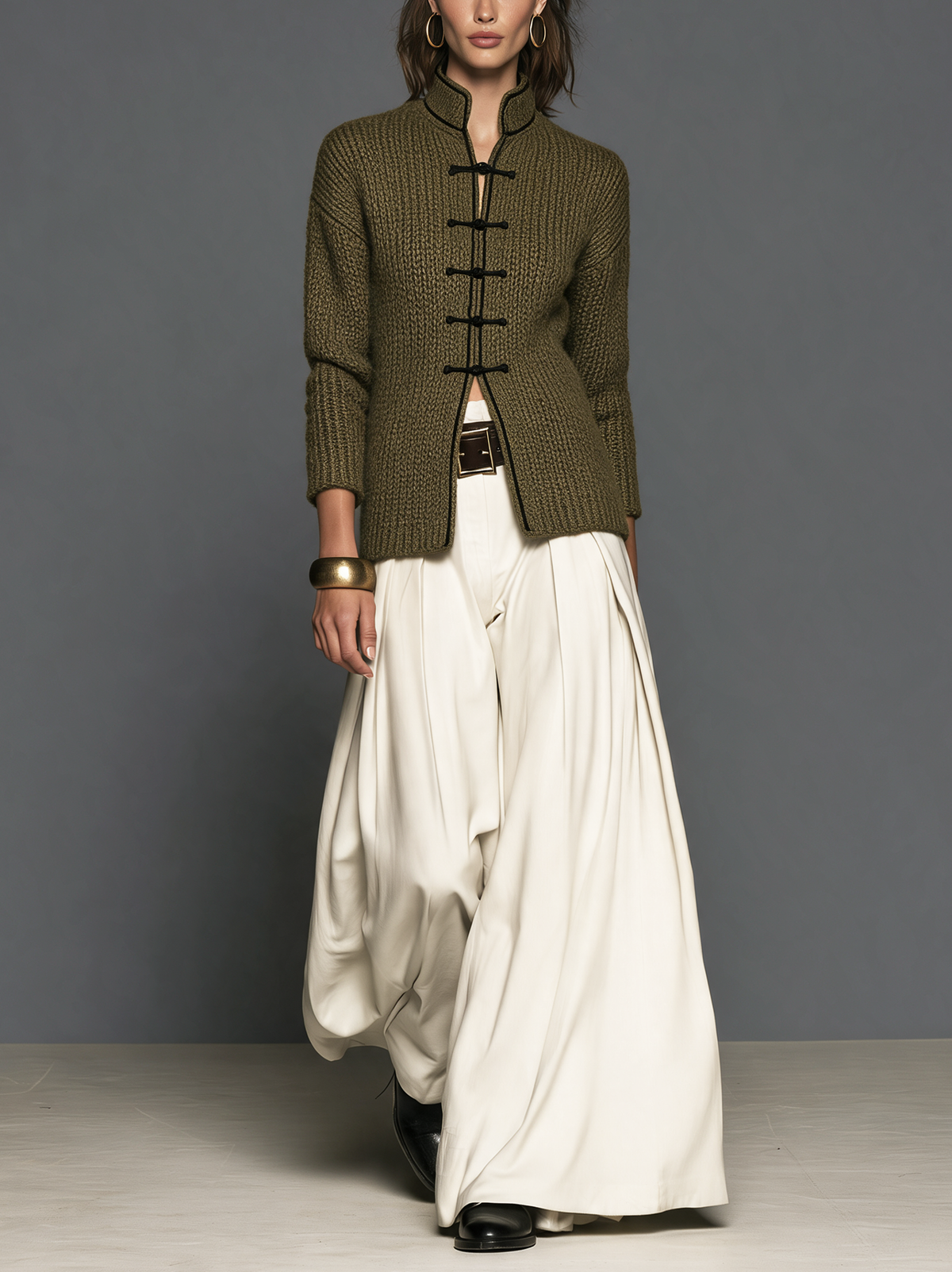 Women's Casual Off-White Woven Wide-Leg Trousers
