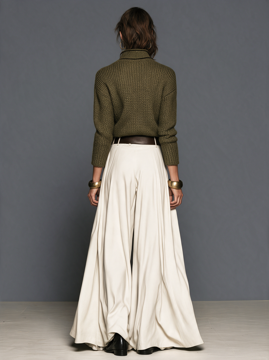 Women's Casual Off-White Woven Wide-Leg Trousers