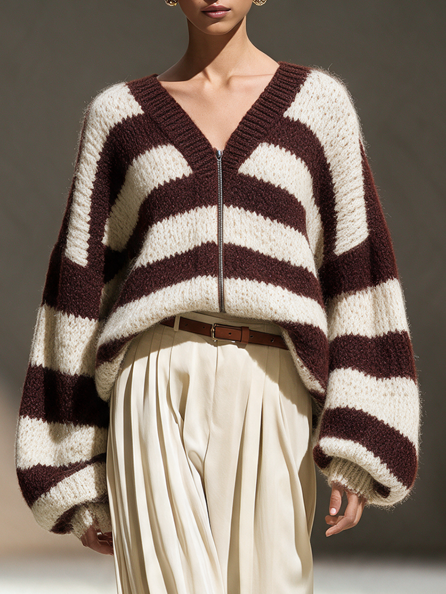 Women's V-Neck Zip Contrast-Stripe Drop-Shoulder Blouson-Sleeve Chunky Wool-Knit Cardigan
