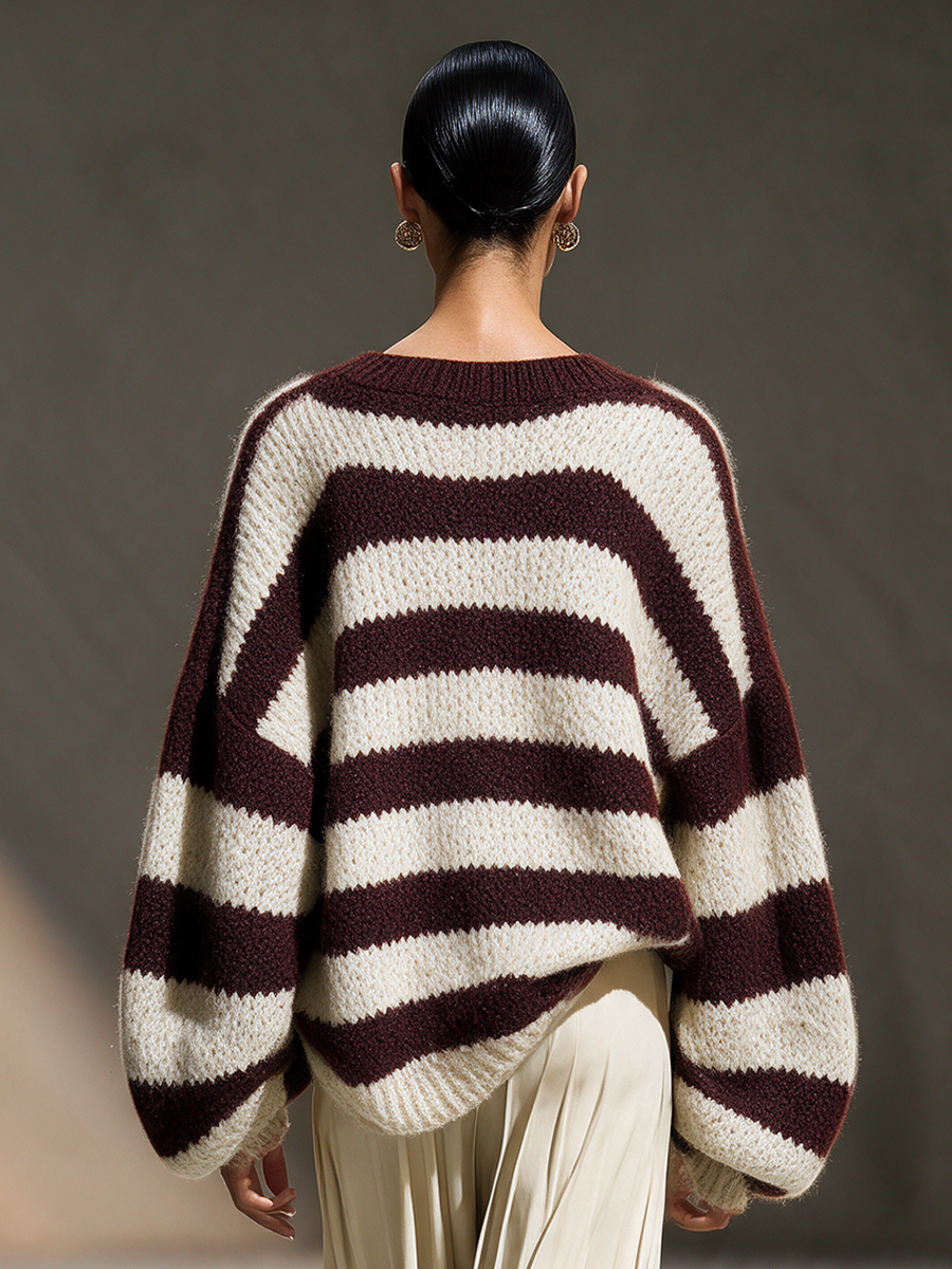 Women's V-Neck Zip Contrast-Stripe Drop-Shoulder Blouson-Sleeve Chunky Wool-Knit Cardigan