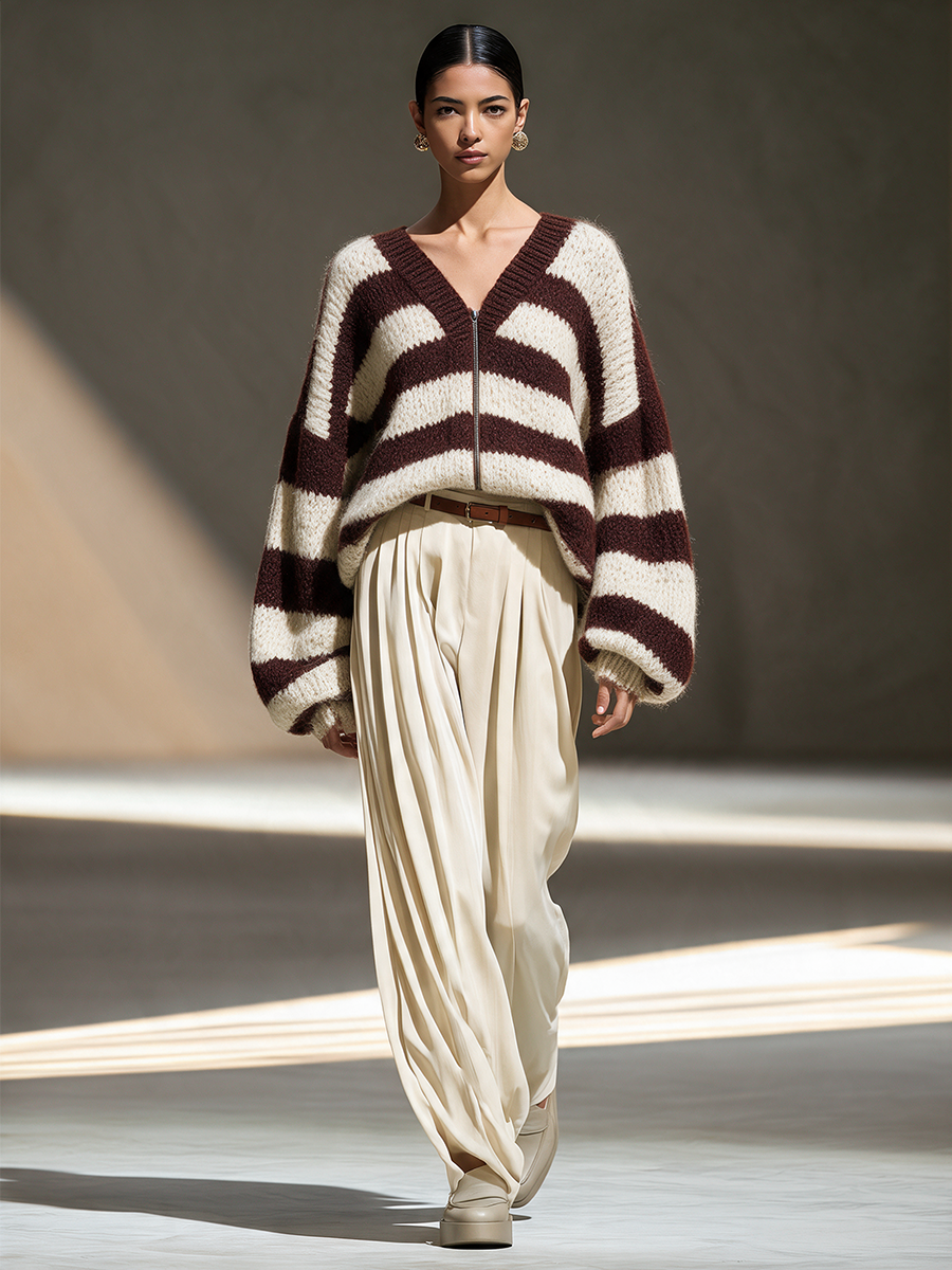 Women's V-Neck Zip Contrast-Stripe Drop-Shoulder Blouson-Sleeve Chunky Wool-Knit Cardigan