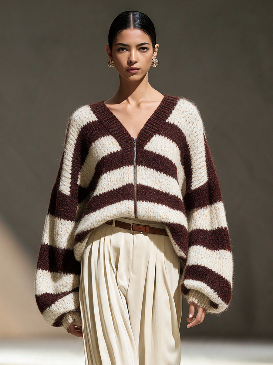 Women's V-Neck Zip Contrast-Stripe Drop-Shoulder Blouson-Sleeve Chunky Wool-Knit Cardigan