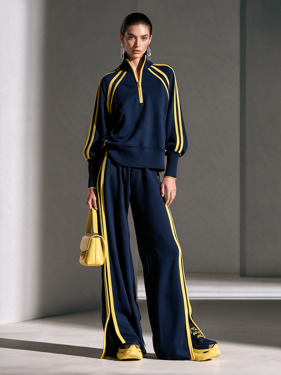 Women's Stand-Collar Zip Sweatshirt & Matching Wide-Leg Trouser Set