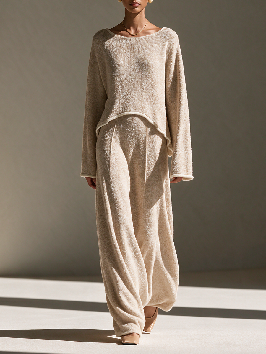 Women's Drop-Shoulder Relaxed Long-Sleeve Top & Wide-Leg Trouser Bouclé-Knit Set