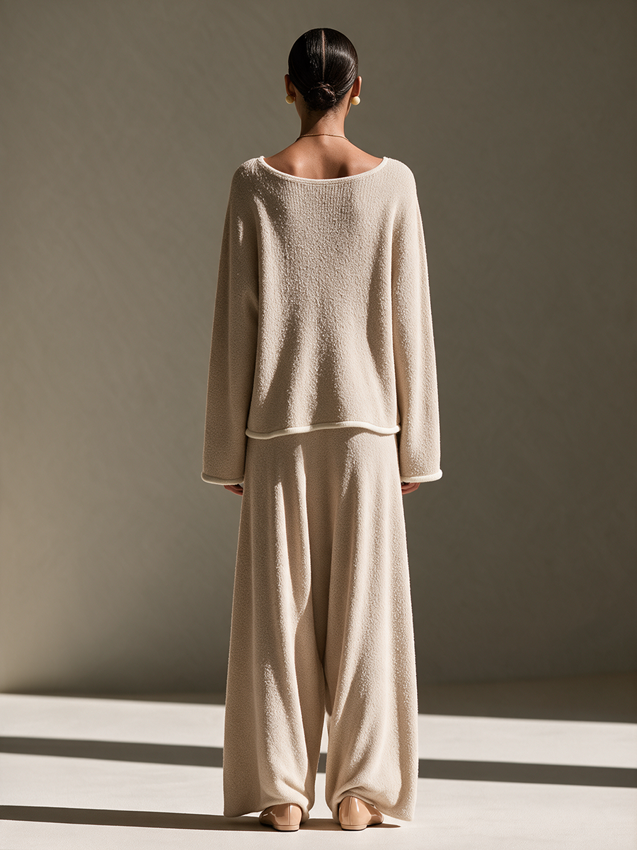 Women's Drop-Shoulder Relaxed Long-Sleeve Top & Wide-Leg Trouser Bouclé-Knit Set