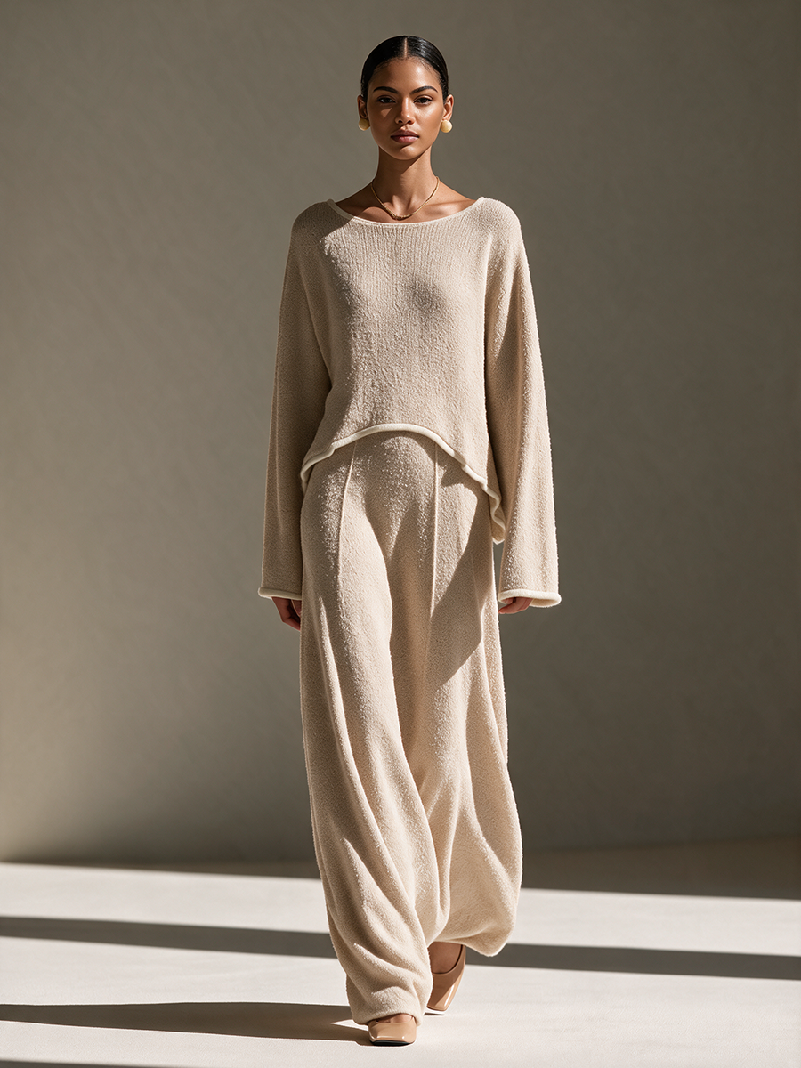 Women's Drop-Shoulder Relaxed Long-Sleeve Top & Wide-Leg Trouser Bouclé-Knit Set