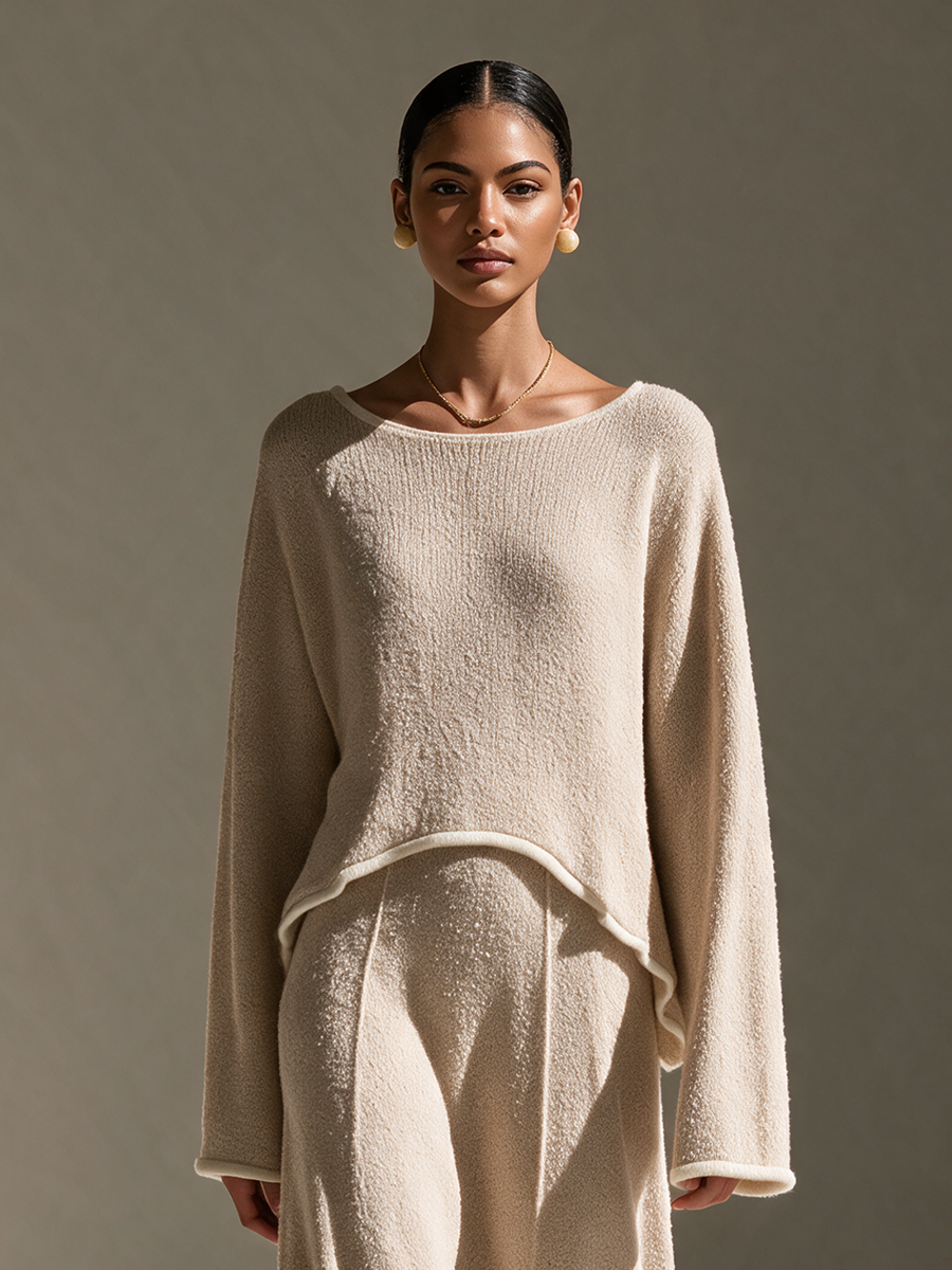 Women's Drop-Shoulder Relaxed Long-Sleeve Top & Wide-Leg Trouser Bouclé-Knit Set