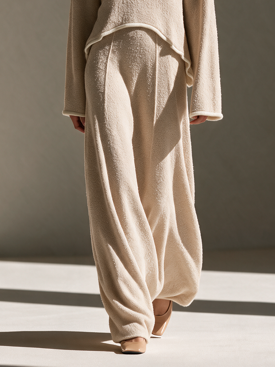 Women's Drop-Shoulder Relaxed Long-Sleeve Top & Wide-Leg Trouser Bouclé-Knit Set