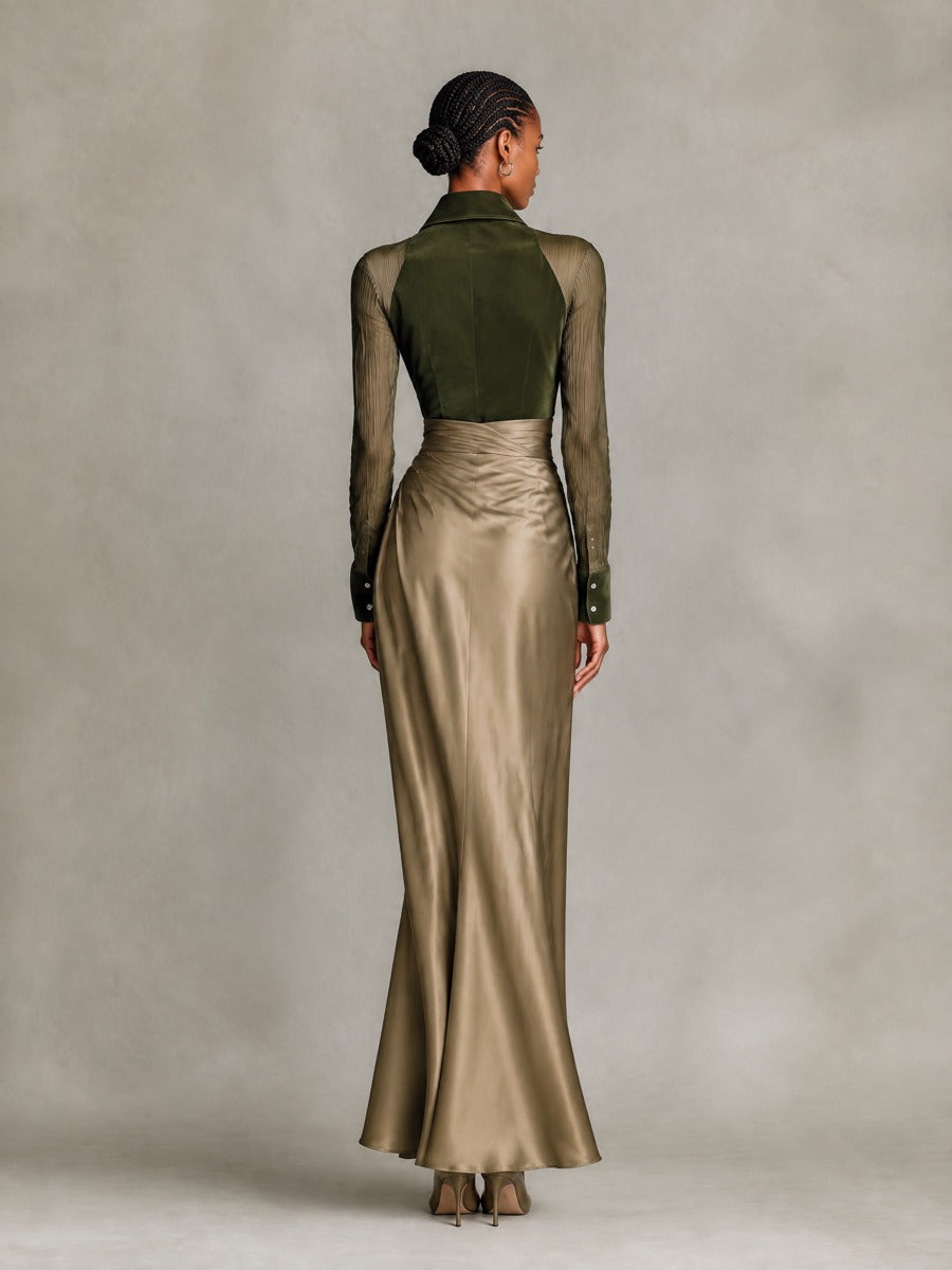 Women's Velvet Shirt Bodice Satin Wrap Maxi Evening Dress