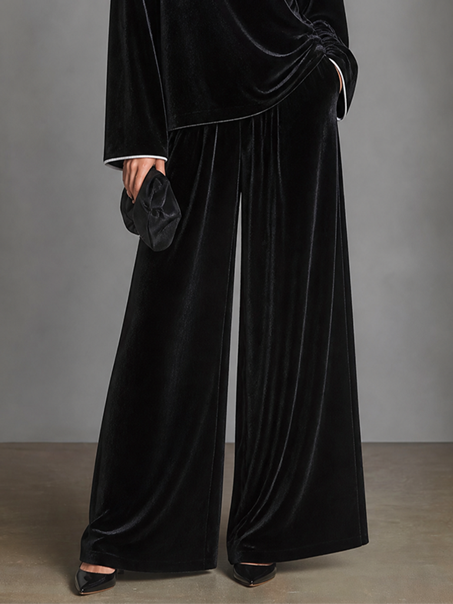 Women's Velvet Two-Piece Set Boat Neck Top & Wide Leg Palazzo Pants