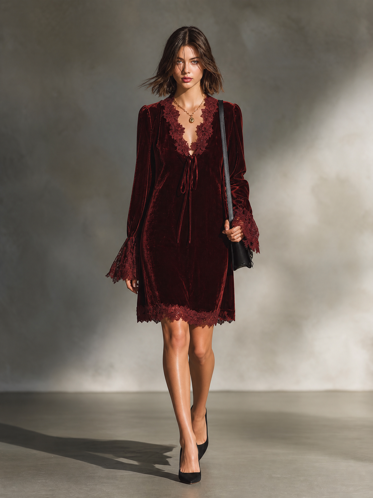 Women's Velvet Lace-Trim Bell Sleeve Mini Dress
