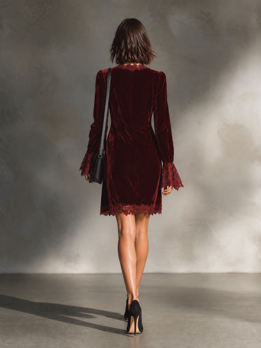 Women's Velvet Lace-Trim Bell Sleeve Mini Dress