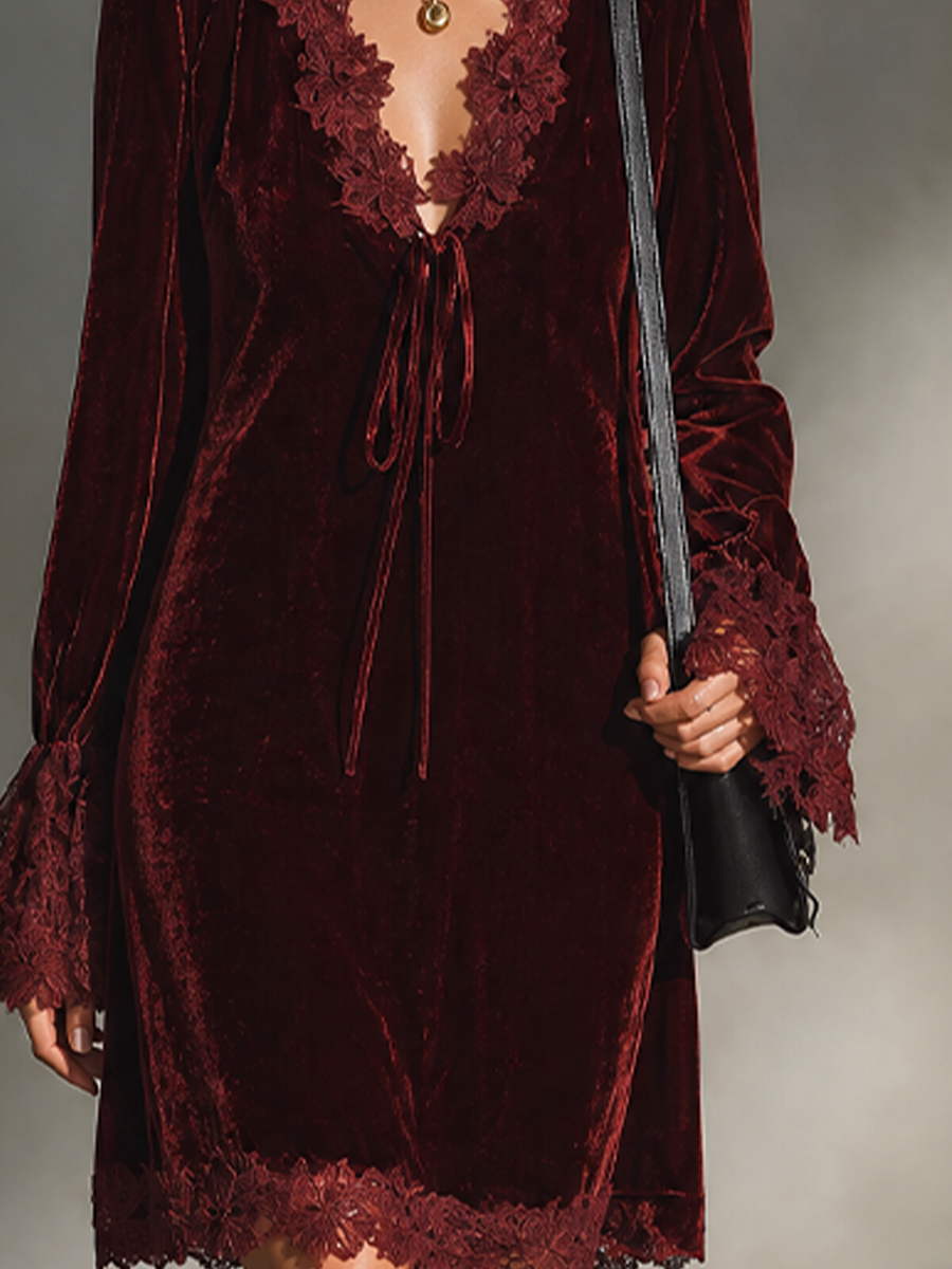 Women's Velvet Lace-Trim Bell Sleeve Mini Dress