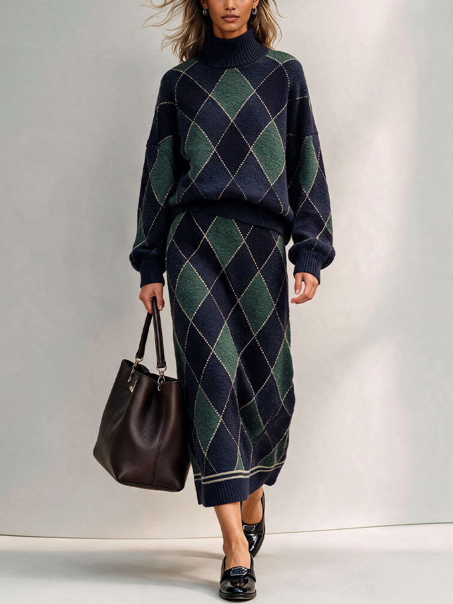 Women's Argyle Turtleneck Knit Sweater & Midi Skirt Set