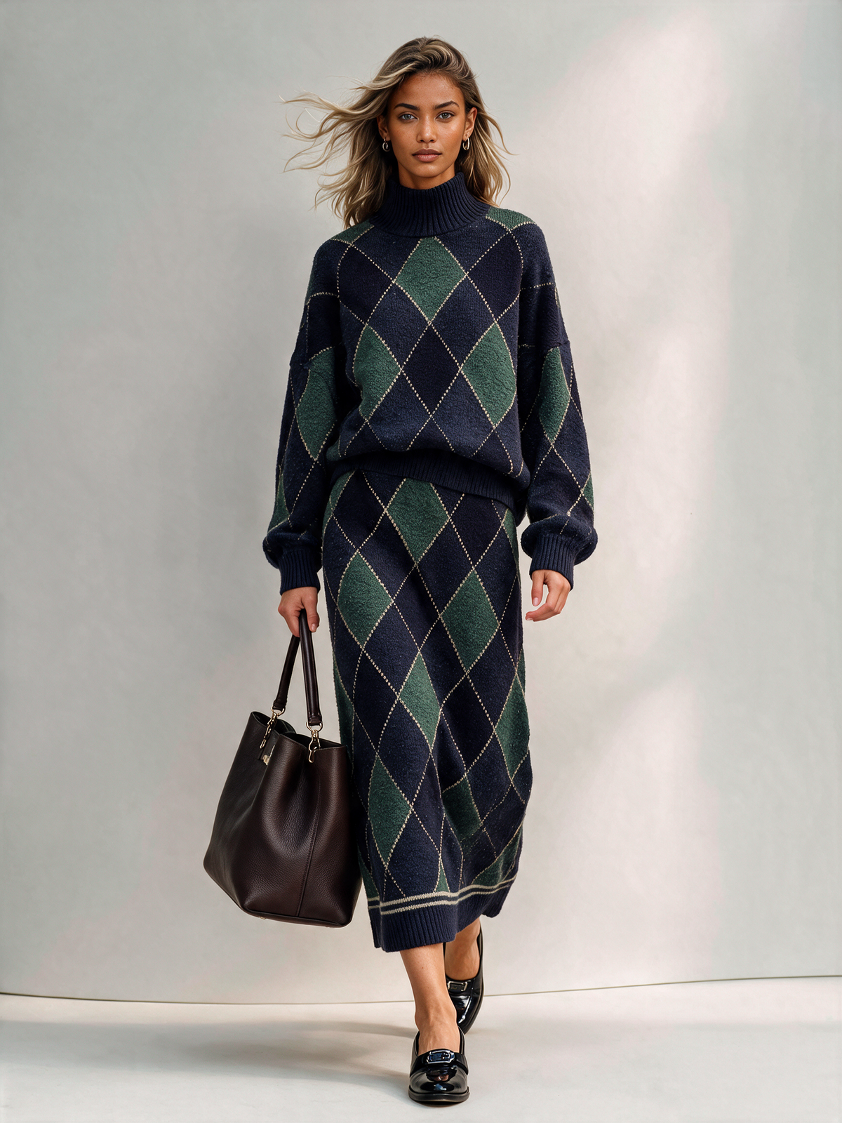 Women's Argyle Turtleneck Knit Sweater & Midi Skirt Set