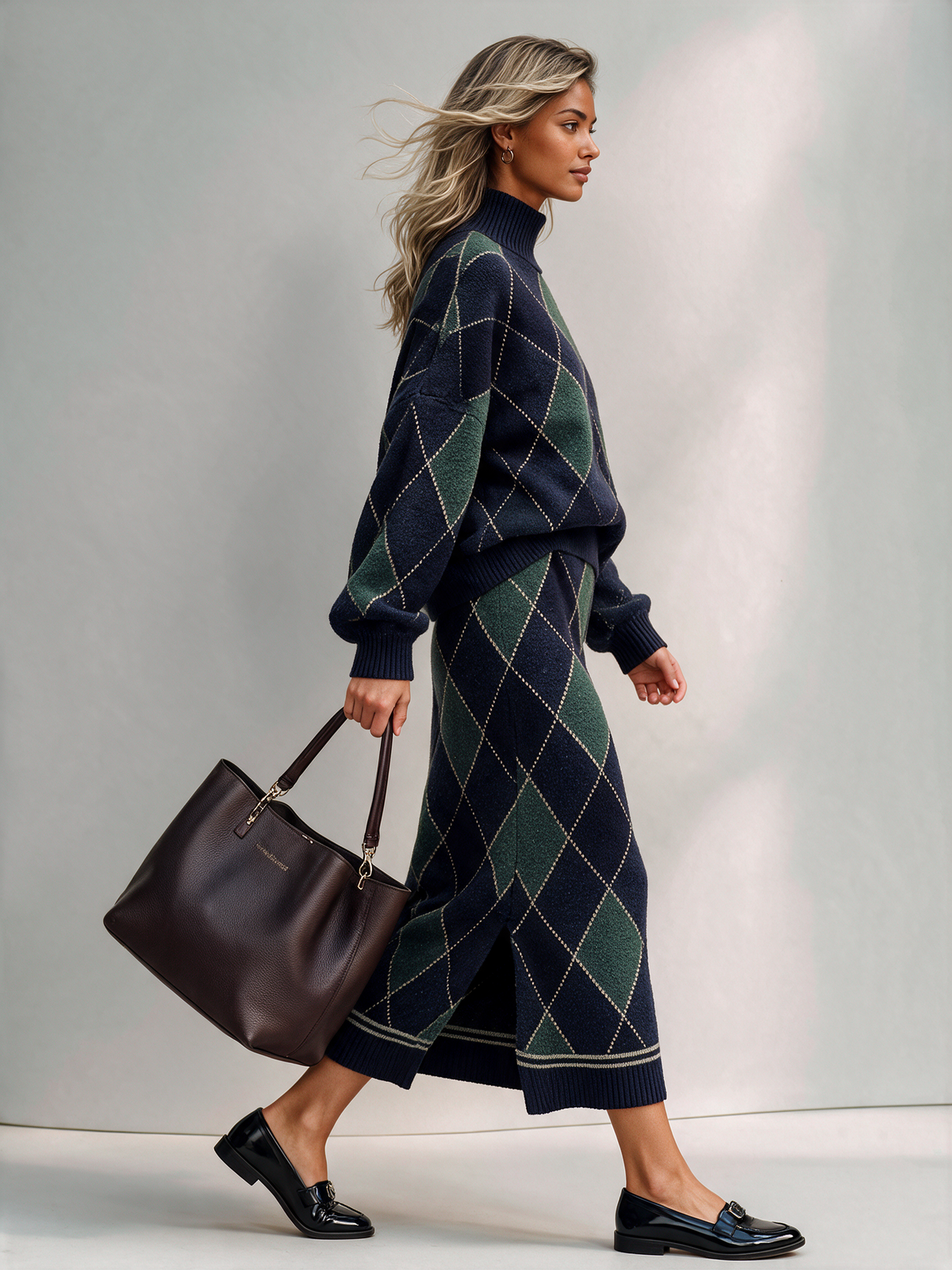 Women's Argyle Turtleneck Knit Sweater & Midi Skirt Set