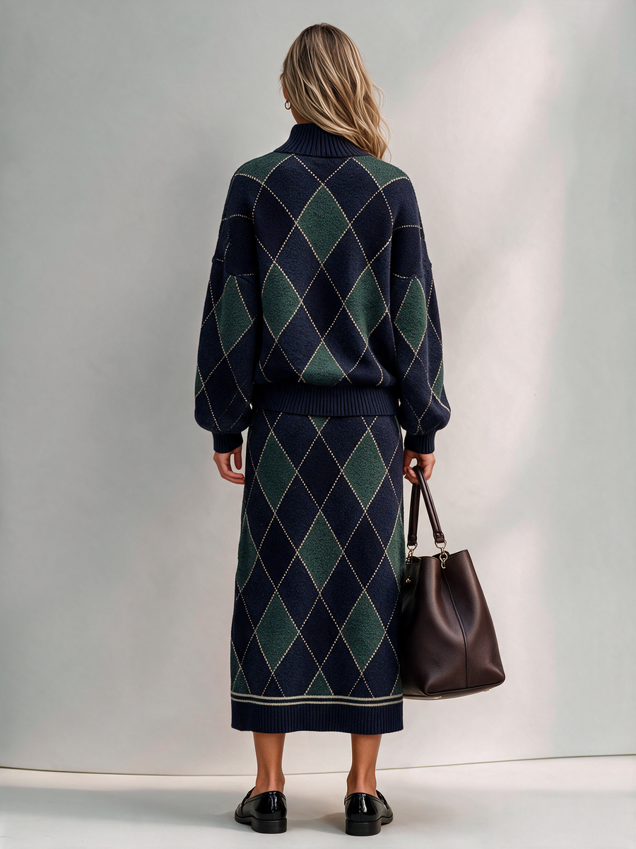 Women's Argyle Turtleneck Knit Sweater & Midi Skirt Set
